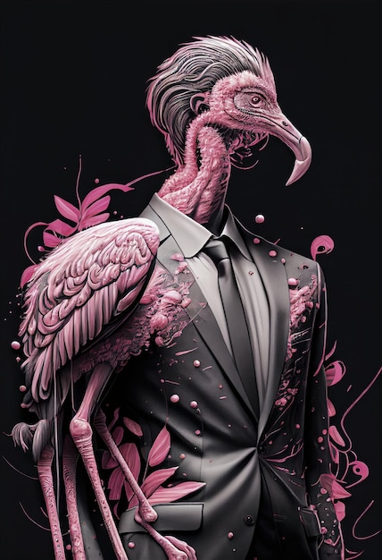 Portrait d'un flamant rose en costume noir art généré par l'intelligence artificielle