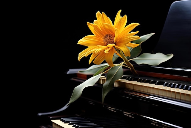 portrait d'une fleur jaune placée sur le dessus d'un clavier de piano noir dans le style de coloré