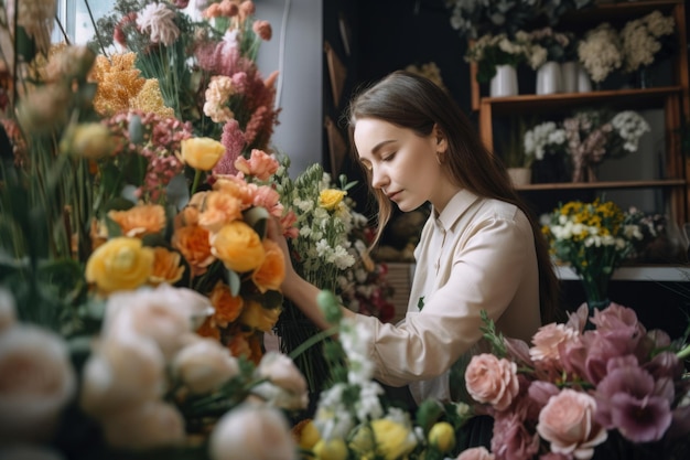 Portrait d'un fleuriste habile créant un beau bouquet avec frais