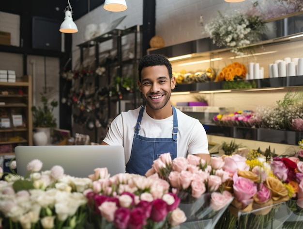 Photo portrait d'un fleuriste masculin souriant à l'aide d'un ordinateur portable dans un magasin de fleurs ai générative