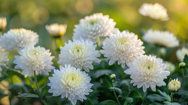 Photo un portrait de fleurs de chrysanthèmes blancs dans la nature avec un grand fond flou et de l'espace pour le texte ou l'arrière-plan de la publicité du produit ia générative