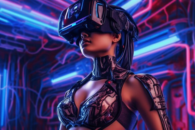 Portrait fortement stylisé d'une femme immergée dans une simulation de casque VR