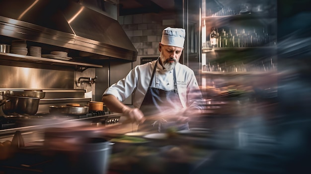 Un portrait franc d'un chef cuisinant dans une cuisine avec un fond flou des restaurants à manger