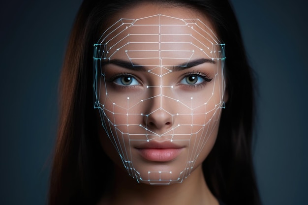 Photo portrait frontal d'une belle femme attrayante avec une grille de numérisation sur son visage contre un fond abstrait système numérique d'identification faciale concept de sécurité et de reconnaissance faciale