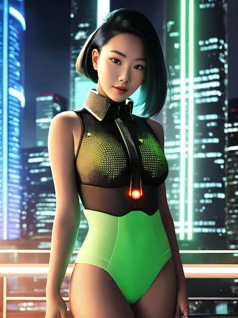 Portrait futuriste d'une femme asiatique portant un futur art génératif en tissu cybernétique par IA