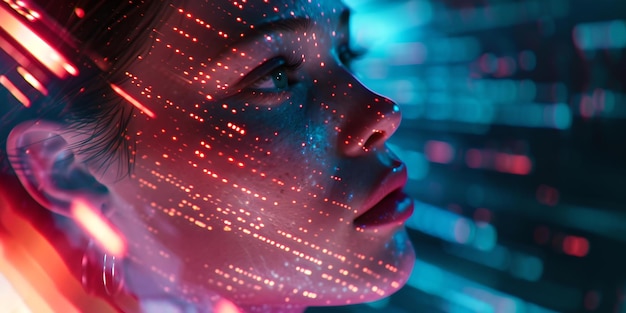 Portrait futuriste d'une femme avec des superpositions numériques brillantes esthétique cyberpunk représentation artistique de la technologie AI AI