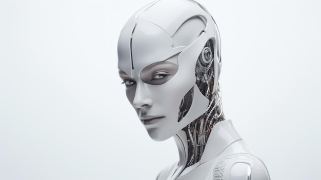 Portrait futuriste de robot féminin androïde, caractéristiques humaines sur fond blanc