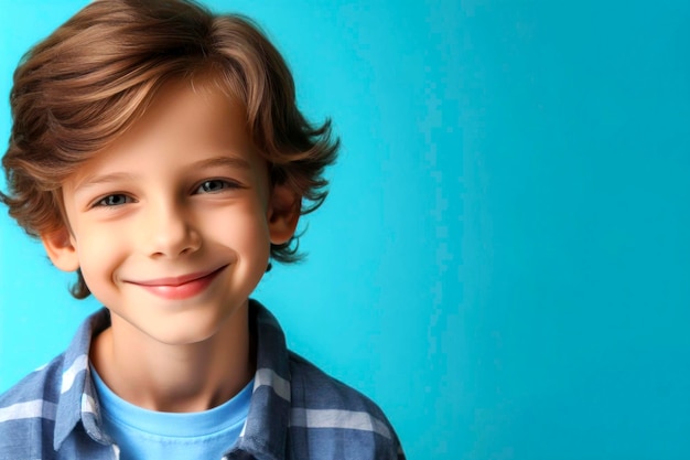 Portrait d'un garçon de 10 ans souriant et joyeux sur fond bleu