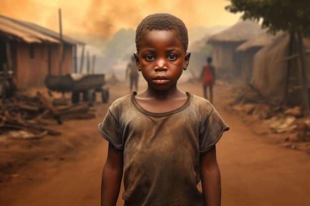 Portrait d'un garçon africain dans un village traditionnel Un garçon noir regarde à huis clos avec une émotion triste Problème de la faim et de la pauvreté en Afrique