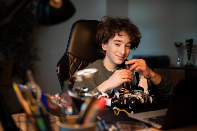 Portrait d'un garçon à l'aide d'un tournevis tout en fixant des vis sur un robot Un enfant intelligent passionné de robotique et d'ingénierie électronique