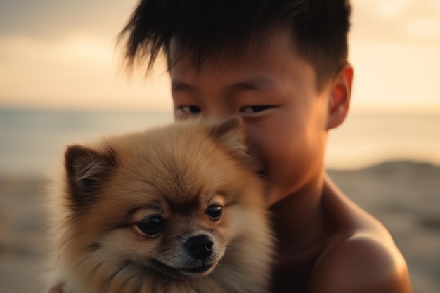 Portrait d'un garçon asiatique avec un chien en mer au coucher du soleil