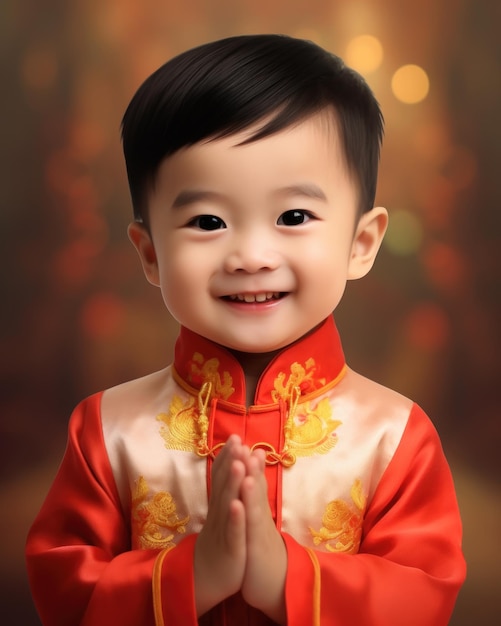 Photo portrait d'un garçon chinois avec un geste de félicitations bonne année chinoise