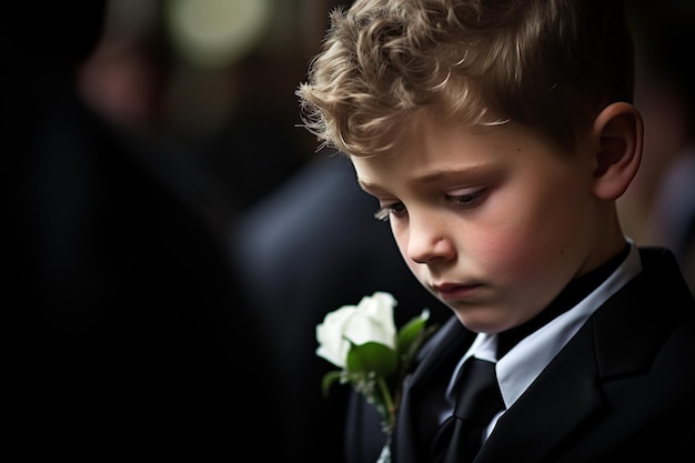 Photo portrait d'un garçon dans un costume noir avec un bouquet de fleurs funéraires