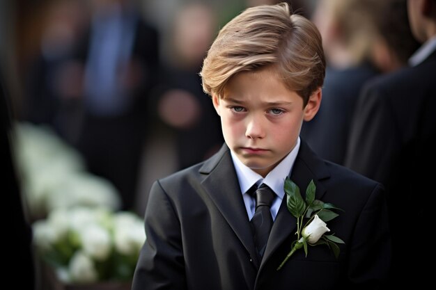 Photo portrait d'un garçon dans un costume noir avec un bouquet de fleurs funéraires