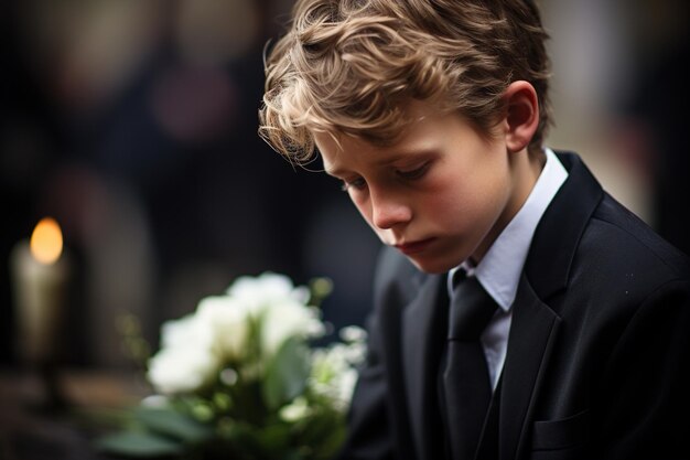 Photo portrait d'un garçon dans un costume noir avec un bouquet de fleurs funéraires