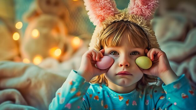 Photo portrait d'un garçon drôle avec des oreilles de lapin en peluche sur la tête couvrant les yeux avec des œufs de pâques multicolores