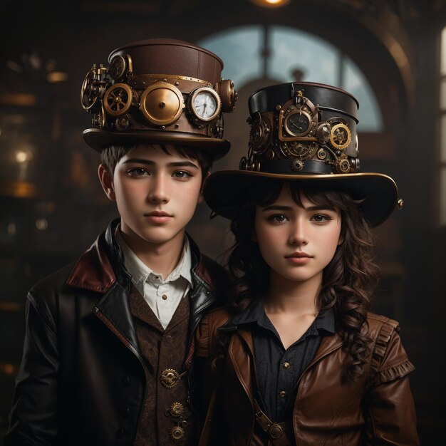 Photo portrait d'un garçon et d'une femme avec un chapeau steampunk et un chope steampunk ai généré