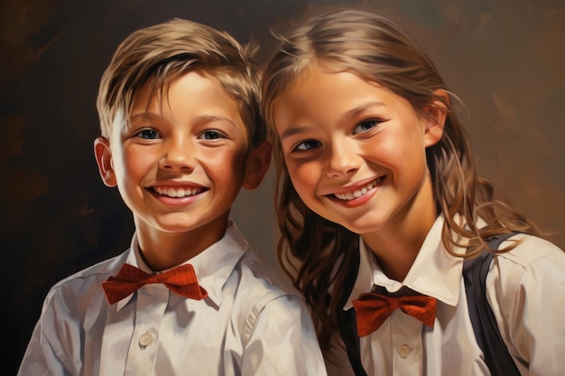 Portrait d'un garçon et d'une fille heureux en uniforme scolaire souriant à la caméra Portrait de jeunes étudiants heureux généré par l'IA