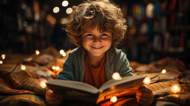 Photo portrait d'un garçon heureux lors de la lecture d'un livre journée mondiale du livre