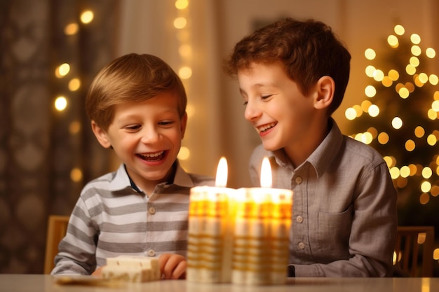 Portrait d'un garçon heureux et de son frère allumant des bougies de ménora pour célébrer la fête de Hanouka