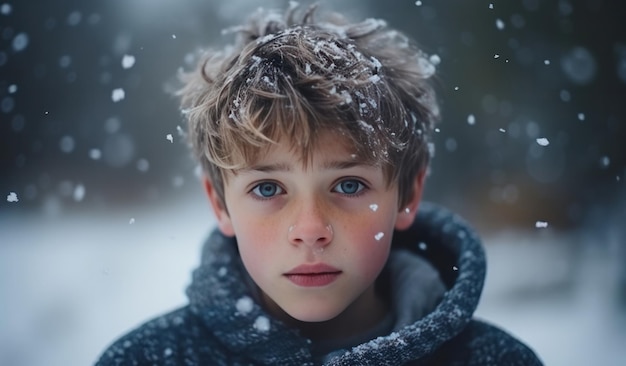 Portrait d'un garçon en hiver avec la neige qui tombe