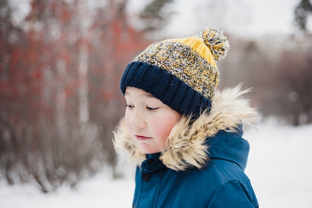 Portrait d'un garçon en hiver, en vêtements d'hiver, écharpe tricotée, veste