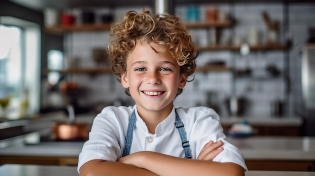 portrait d'un garçon intelligent souriant dans la cuisine à la maison