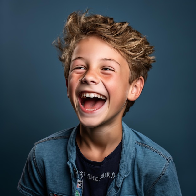 portrait d'un garçon qui rit sur fond bleu