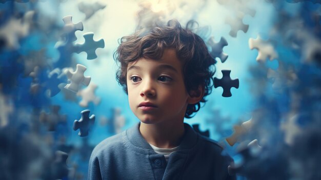 Portrait d'un garçon réfléchi entouré de beaucoup de puzzles bleus