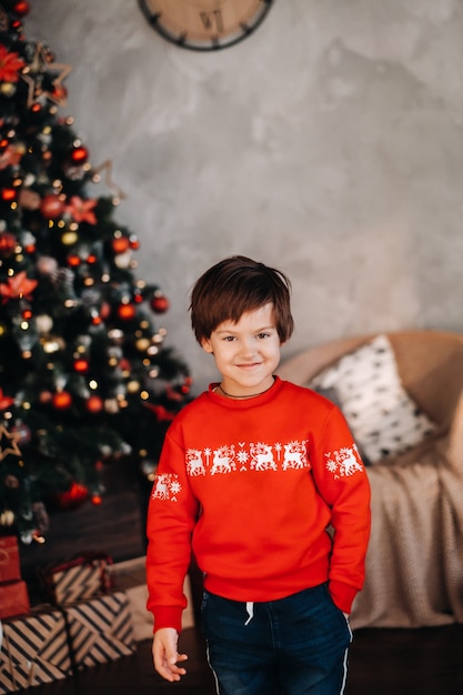 Portrait d'un garçon souriant debout à l'arbre de Noël à la maison.