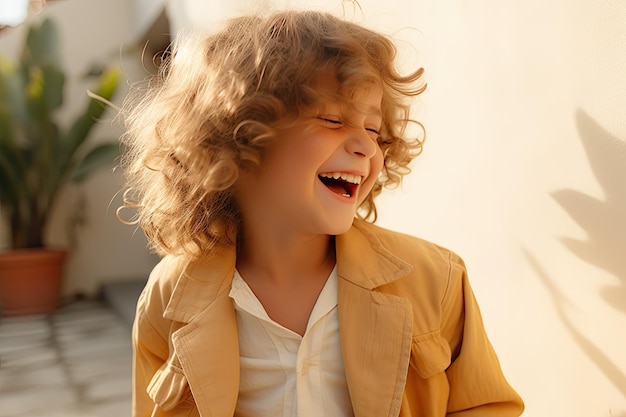 Portrait d'un garçon souriant et heureux vêtu d'un costume beige debout regardant de côté dans la rue