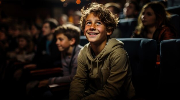 Portrait d'un garçon souriant regardant l'écran alors qu'il était assis au cinéma