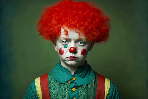 Portrait de garçon triste en costume de clown avec nez rouge en perruque rouge