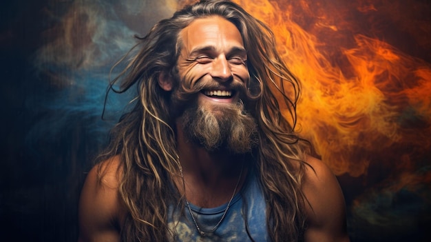 Portrait d'un gars heureux souriant avec de longs cheveux et une barbe