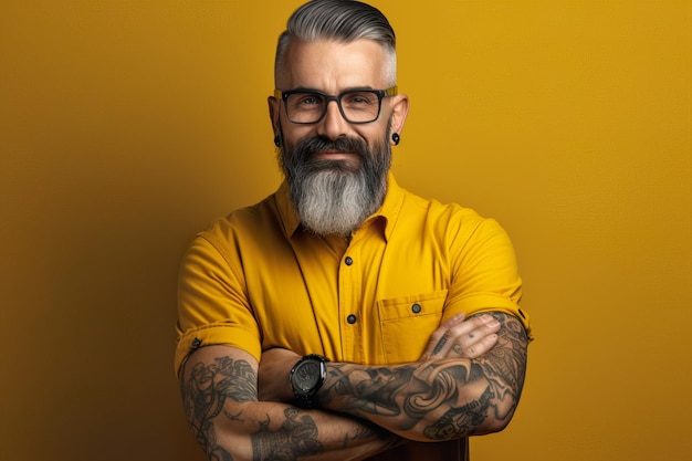 Portrait d'un gars tatoué regardant la caméra sur fond jaune