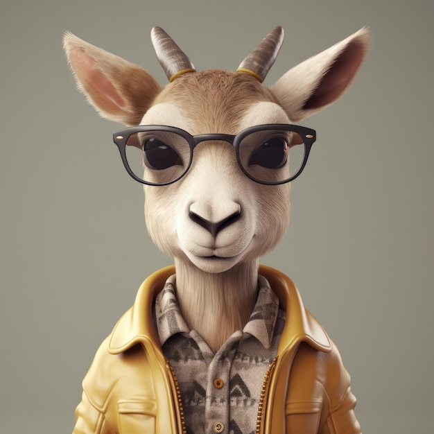 Portrait de gazelle de chèvre de dessin animé 3D portant des vêtements lunettes chapeau et veste debout devant