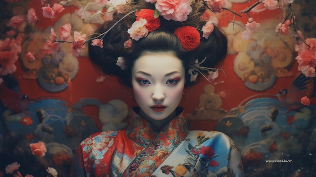 Portrait de geisha ai générative avec des fleurs