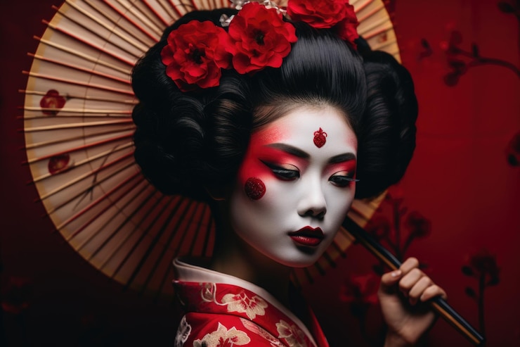 Photo portrait de geisha sereine et digne expression équilibre délicat de la grâce et de la force représentant l'artisanat exquis des accessoires de kimono dans la tradition culturelle japonaise