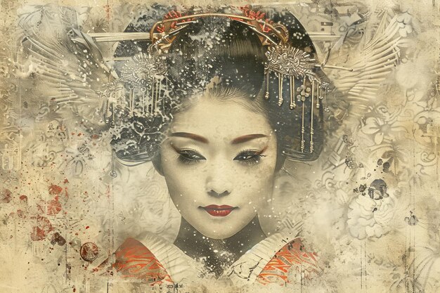 Portrait de geisha de style vintage avec maquillage traditionnel et coiffure sur fond floral artistique