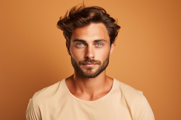 Portrait génératif de l'IA d'un bel homme modèle pop star avec une barbe de coiffure parfaite isolé sur un fond beige