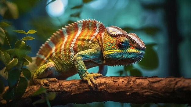 Portrait généré par l'IA d'un caméléon avec un fond flou sur un arbre