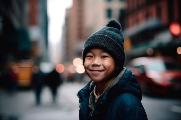 Portrait généré par l'IA d'un enfant asiatique joyeux authentique et joyeux sur fond de rue urbaine