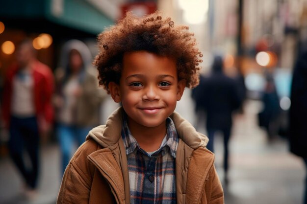 Portrait généré par l'IA d'un garçon afro-américain joyeux authentique candide sur fond de rue urbaine