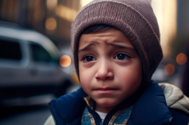 Portrait généré par l'IA d'un petit garçon musulman effrayé authentique candide sur fond de rue urbaine