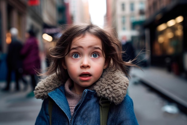 Portrait généré par IA d'une petite fille candide et authentique aux cheveux bruns sur fond de rue urbaine