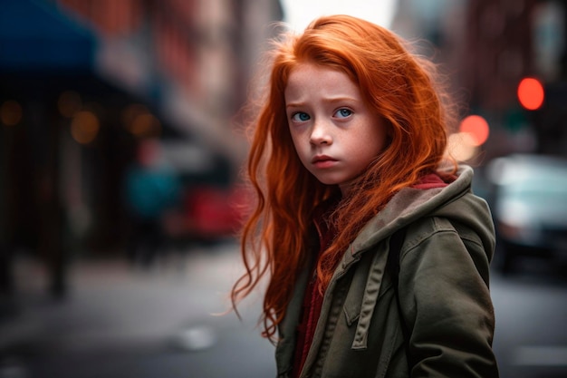 Portrait généré par l'IA d'une petite fille rousse effrayée authentique candide au fond de la rue urbaine
