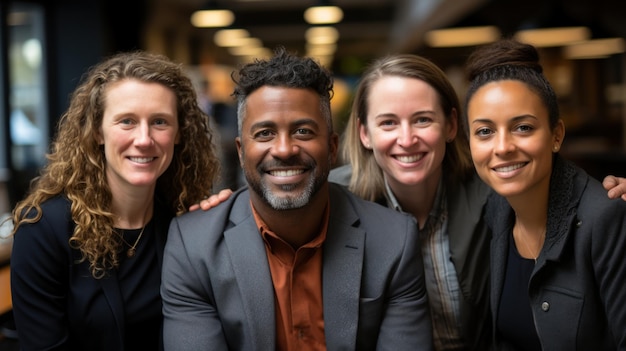 Portrait de gens d'affaires souriants debout dans une rangée dans un café AI générative