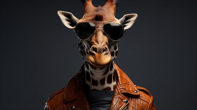 Portrait d'une girafe cool dans une veste en cuir