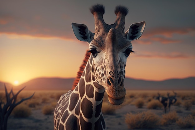 Un portrait d'une girafe debout devant un coucher de soleil une girafe debout au milieu d'un désert Generative AI