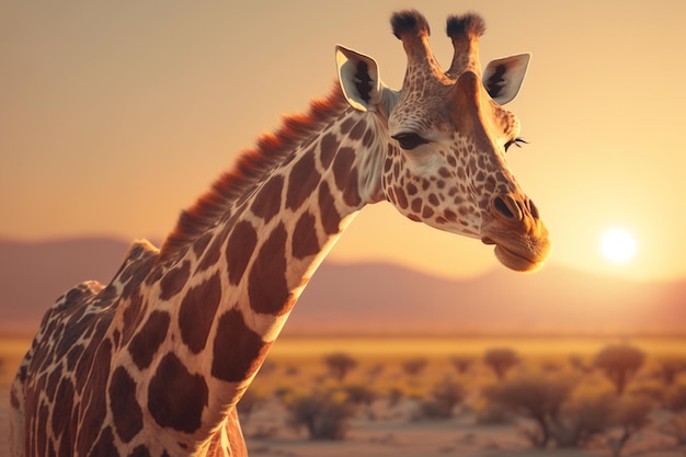 Un portrait d'une girafe debout devant un coucher de soleil une girafe debout au milieu d'un désert Generative AI